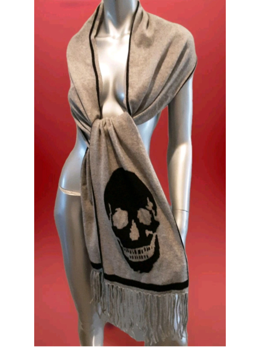 SKULL CASHMERE-Wrap/Scarf Gray Black Large Skull 100% Cashmere Fringe 94" x 11"
